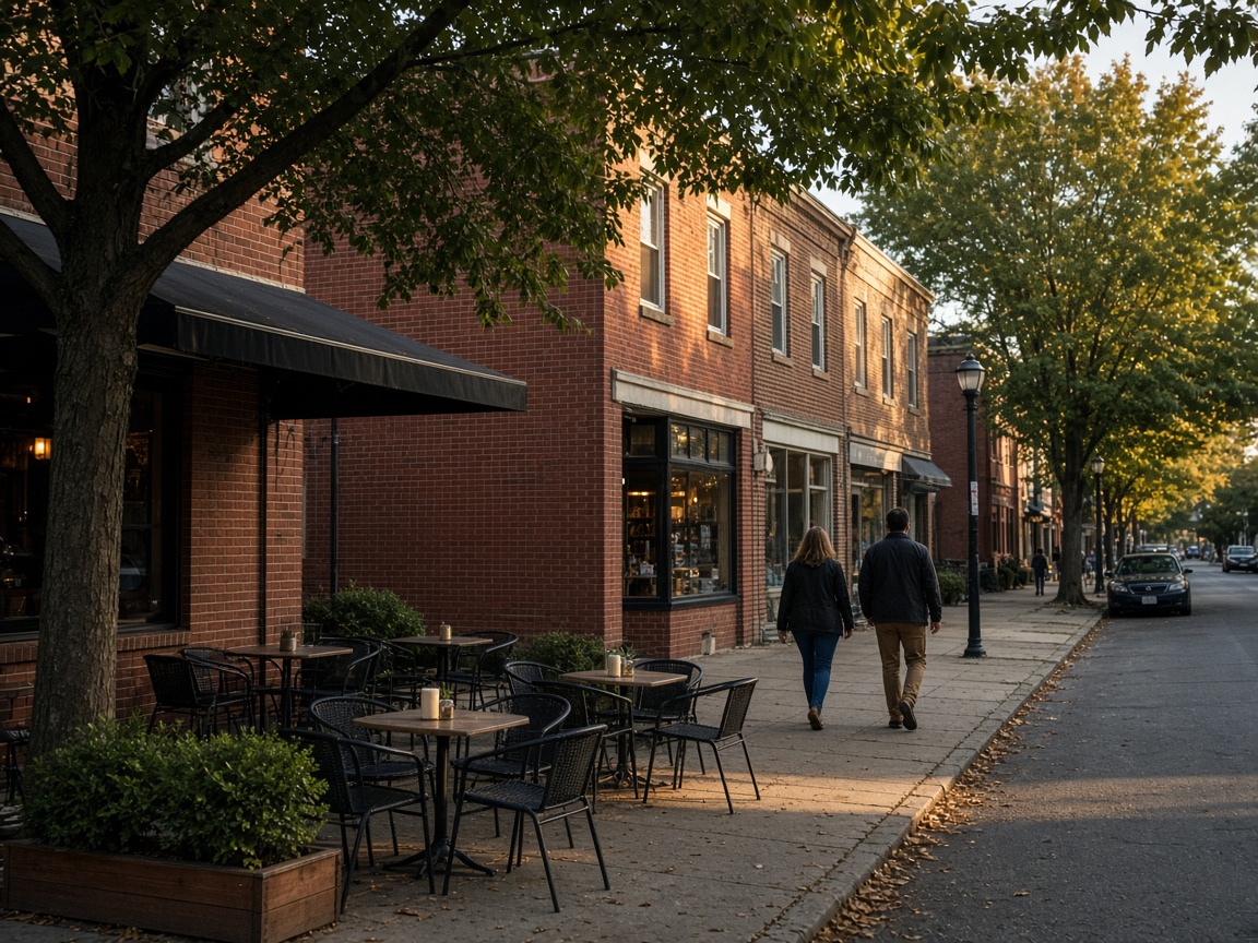 A restaurant patio and shopfronts along a tree-lined suburban commercial street.